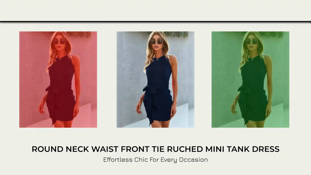 Round Neck Waist Front Tie Ruched Mini Tank Dress by@Outfy