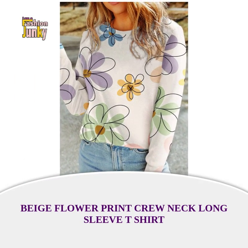 Beige Flower Print Crew Neck Long Sleeve T Shirt by@Outfy