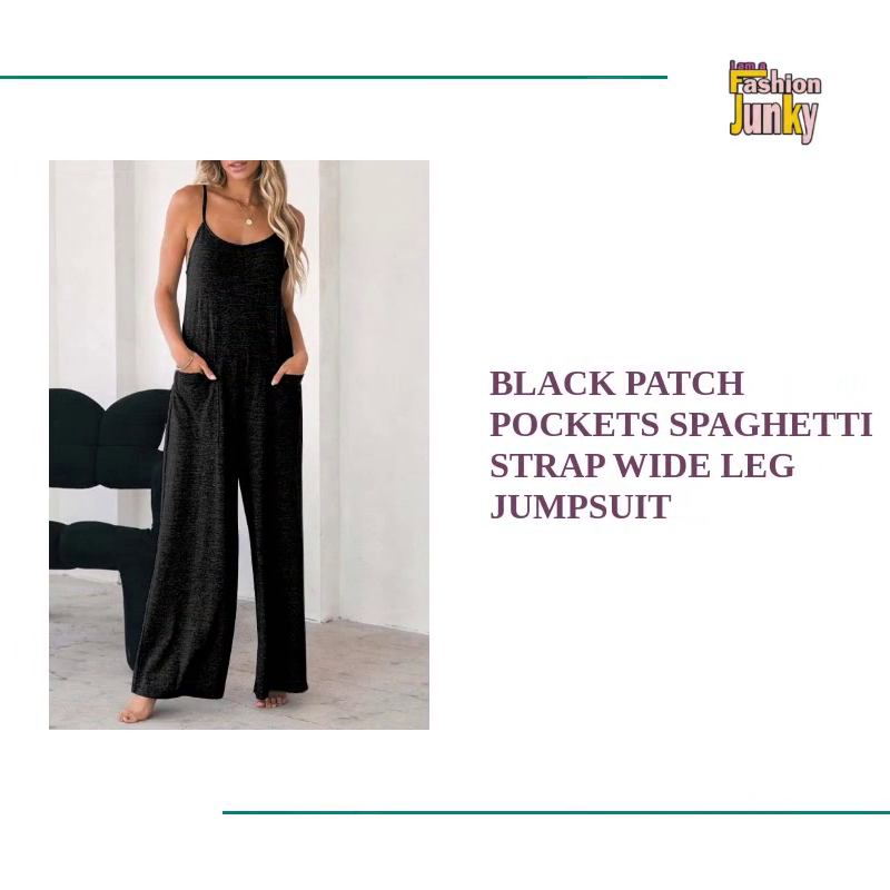 Black Patch Pockets Spaghetti Strap Wide Leg Jumpsuit by@Outfy
