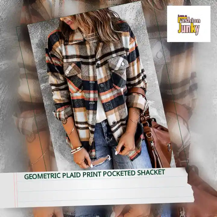 Geometric Plaid Print Pocketed Shacket by@Outfy
