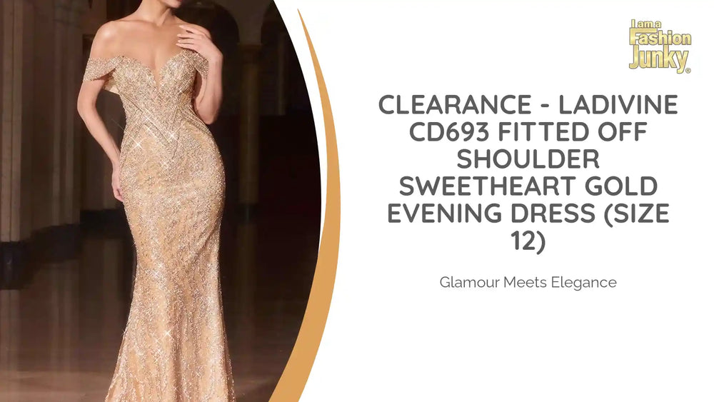 CLEARANCE - Ladivine CD693 Fitted Off Shoulder Sweetheart Gold Evening Dress (Size 12) by@Outfy