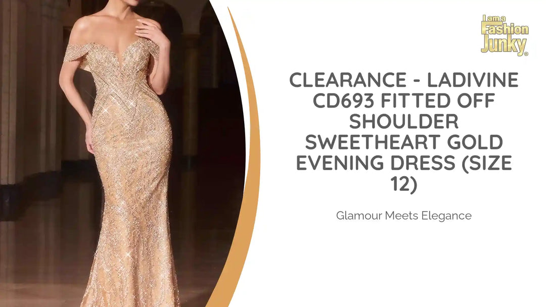 CLEARANCE - Ladivine CD693 Fitted Off Shoulder Sweetheart Gold Evening Dress (Size 12) by@Outfy