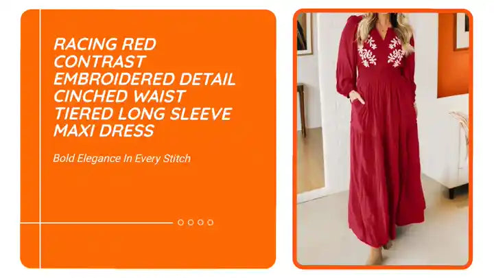 Racing Red Contrast Embroidered Detail Cinched Waist Tiered Long Sleeve Maxi Dress by@Outfy