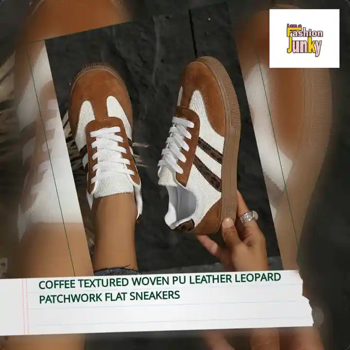 Coffee Textured Woven PU Leather Leopard Patchwork Flat Sneakers by@Outfy