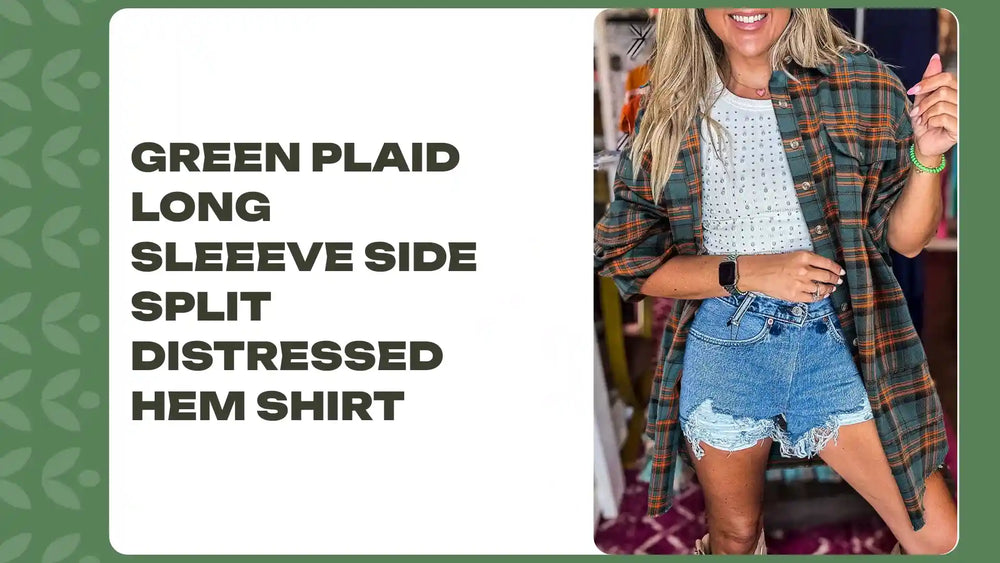 Green Plaid Long Sleeeve Side Split Distressed Hem Shirt by@Outfy