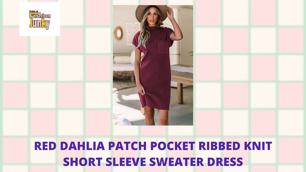 Red Dahlia Patch Pocket Ribbed Knit Short Sleeve Sweater Dress by@Outfy