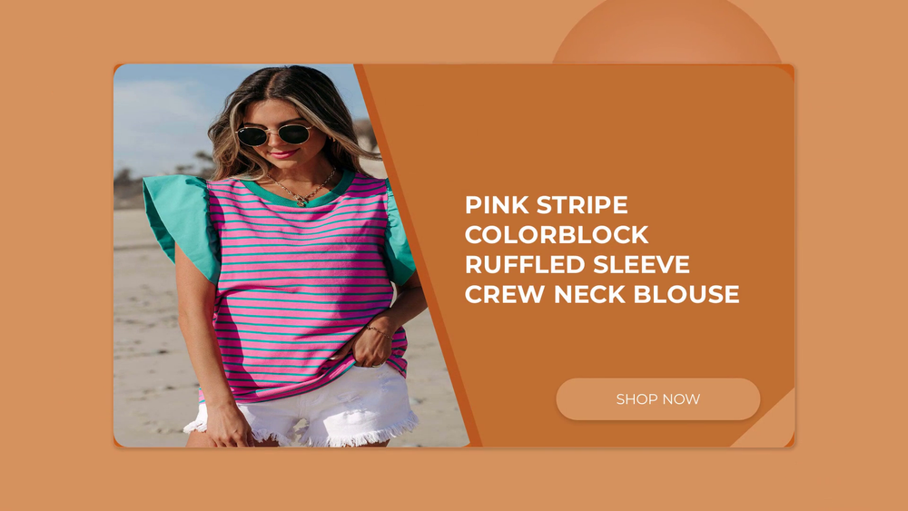 Pink Stripe Colorblock Ruffled Sleeve Crew Neck Blouse by@Outfy