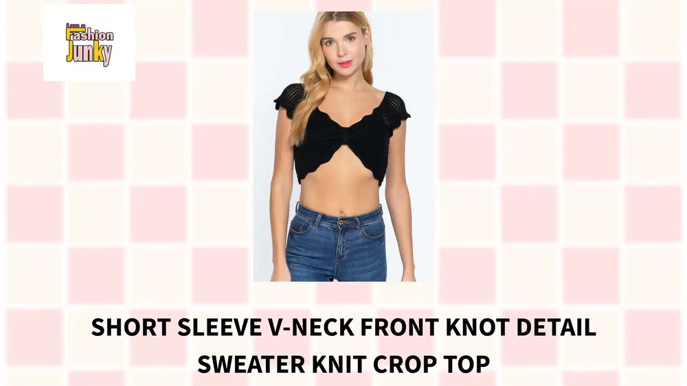 Short Sleeve V-neck Front Knot Detail Sweater Knit Crop Top by@Outfy