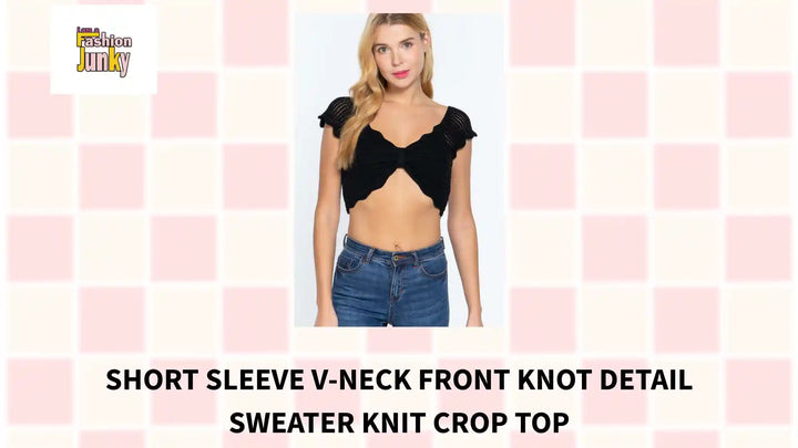 Short Sleeve V-neck Front Knot Detail Sweater Knit Crop Top by@Outfy
