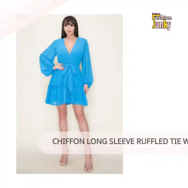 Chiffon Long Sleeve Ruffled Tie Waist Skater Dress by@Outfy