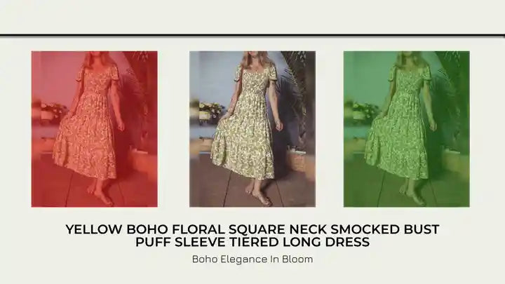 Yellow Boho Floral Square Neck Smocked Bust Puff Sleeve Tiered Long Dress by@Outfy