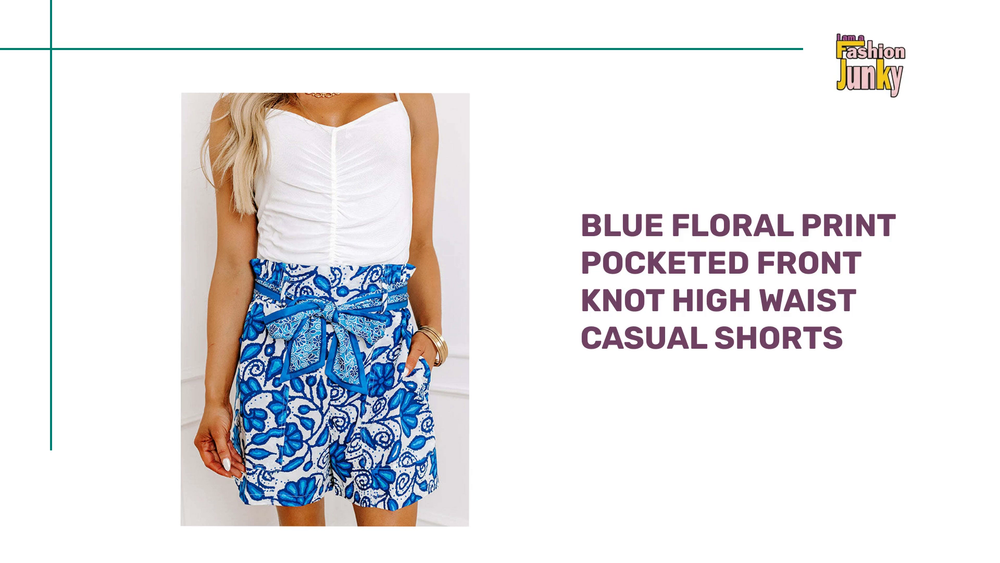 Blue Floral Print Pocketed Front Knot High Waist Casual Shorts by@Outfy