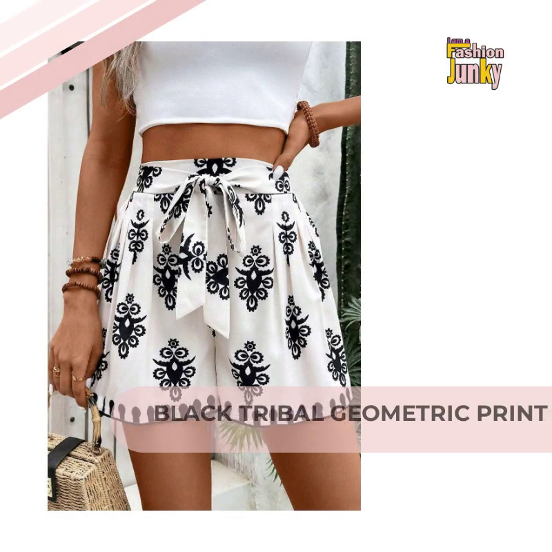 Black Tribal Geometric Print Belted High Waist Casual Shorts by@Outfy