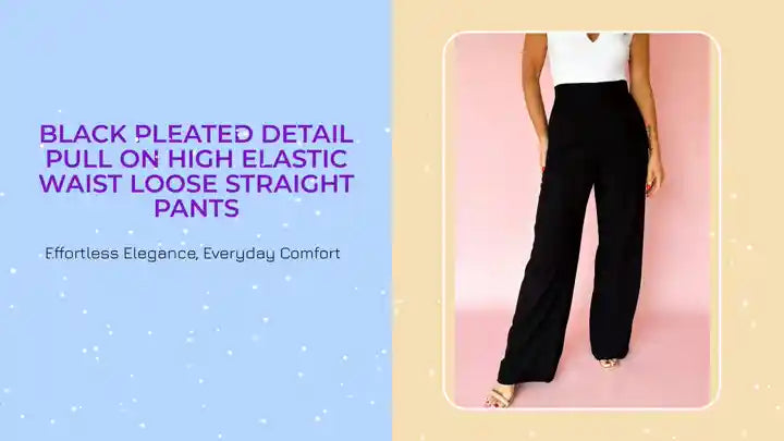 Black Pleated Detail Pull On High Elastic Waist Loose Straight Pants by@Outfy