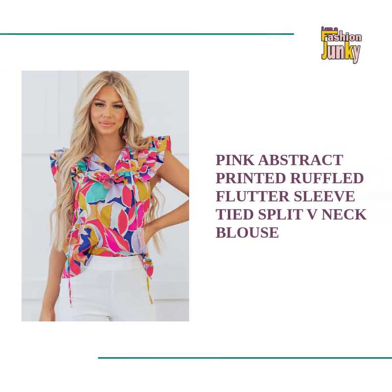 Pink Abstract Printed Ruffled Flutter Sleeve Tied Split V Neck Blouse by@Outfy