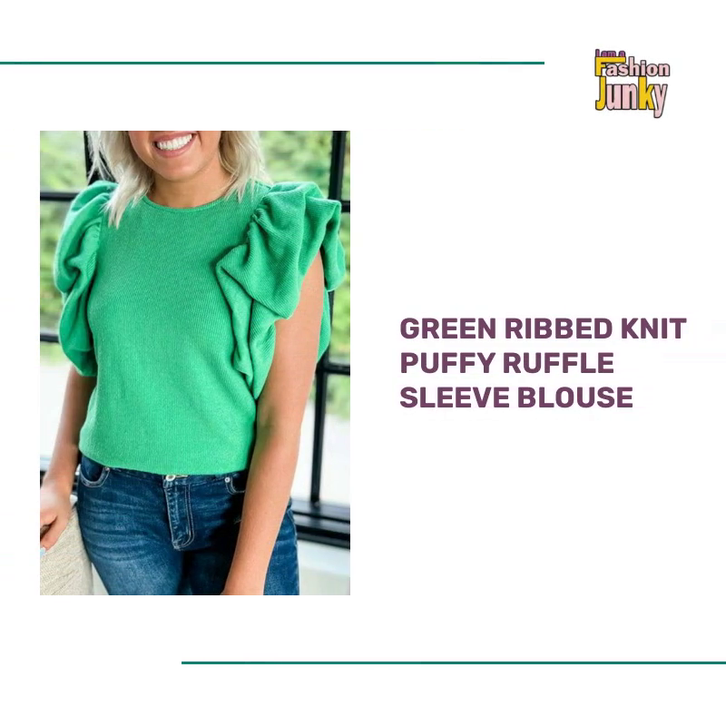 Green Ribbed Knit Puffy Ruffle Sleeve Blouse by@Outfy