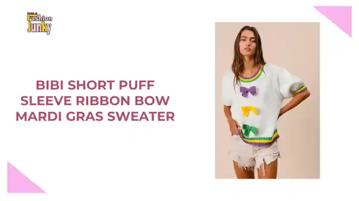 BiBi Short Puff Sleeve Ribbon Bow Mardi Gras Sweater by@Outfy