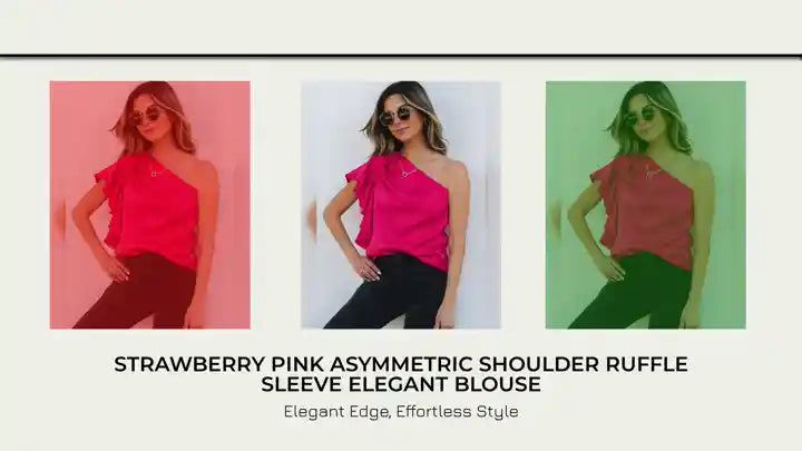 Strawberry Pink Asymmetric Shoulder Ruffle Sleeve Elegant Blouse by@Outfy
