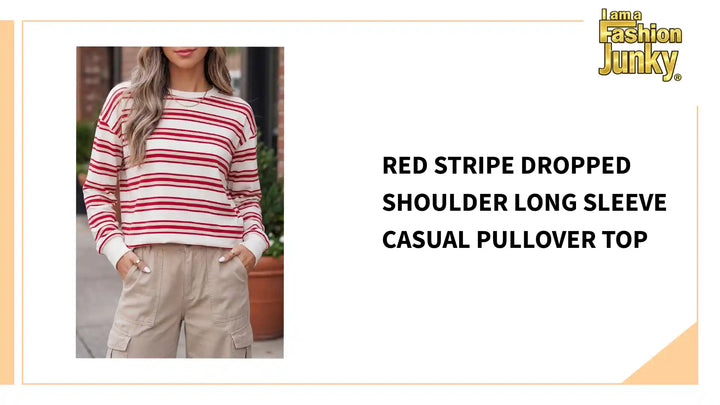 Red Stripe Dropped Shoulder Long Sleeve Casual Pullover Top by@Outfy