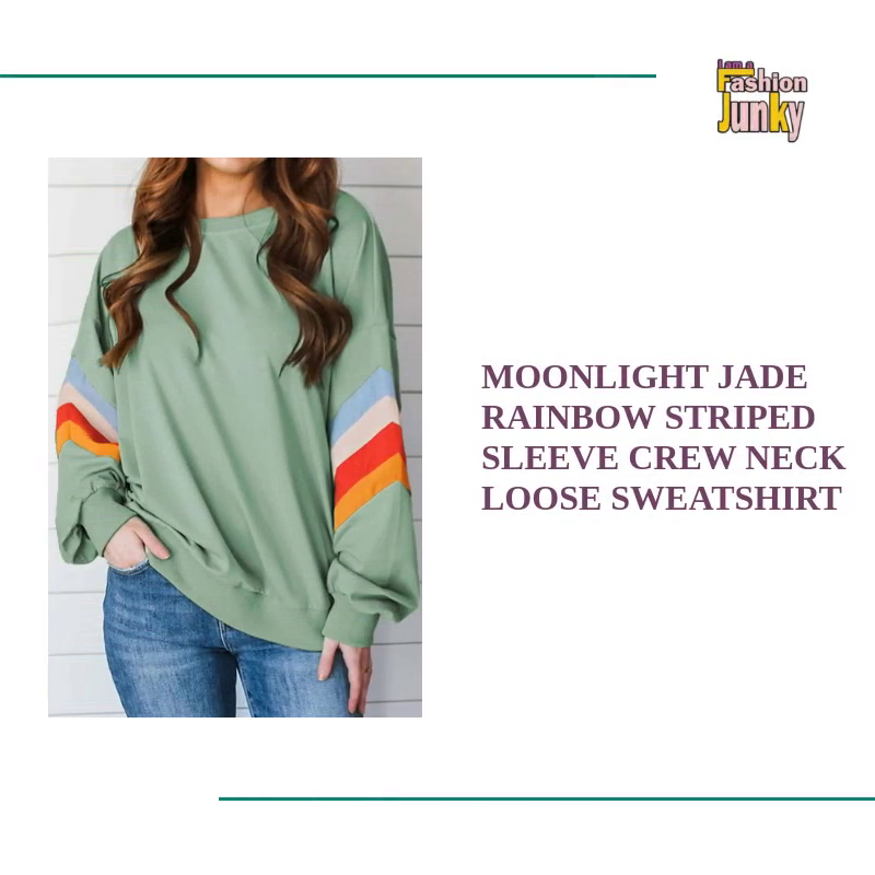 Moonlight Jade Rainbow Striped Sleeve Crew Neck Loose Sweatshirt by@Outfy
