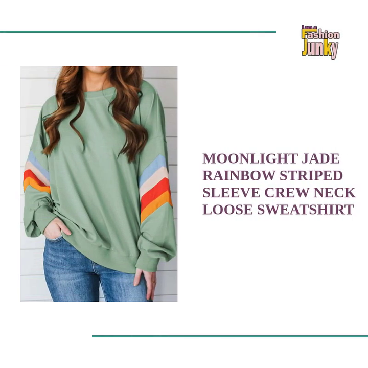 Moonlight Jade Rainbow Striped Sleeve Crew Neck Loose Sweatshirt by@Outfy