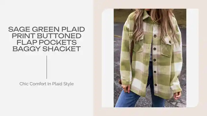 Sage Green Plaid Print Buttoned Flap Pockets Baggy Shacket by@Outfy