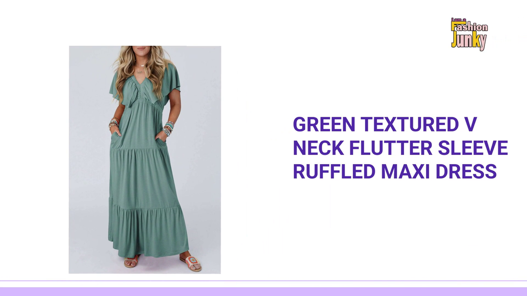 Green Textured V Neck Flutter Sleeve Ruffled Maxi Dress by@Outfy