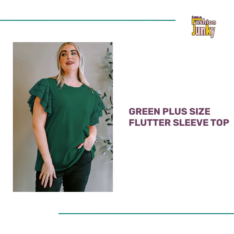 Green Plus Size Flutter Sleeve Top by@Outfy