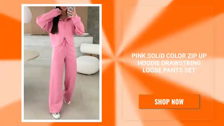 Pink Solid Color Zip Up Hoodie Drawstring Loose Pants Set by@Outfy
