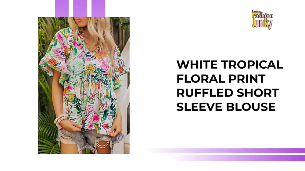White Tropical Floral Print Ruffled Short Sleeve Blouse by@Outfy