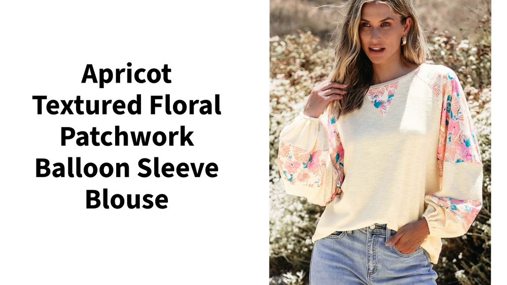 Apricot Textured Floral Patchwork Balloon Sleeve Blouse by@Outfy