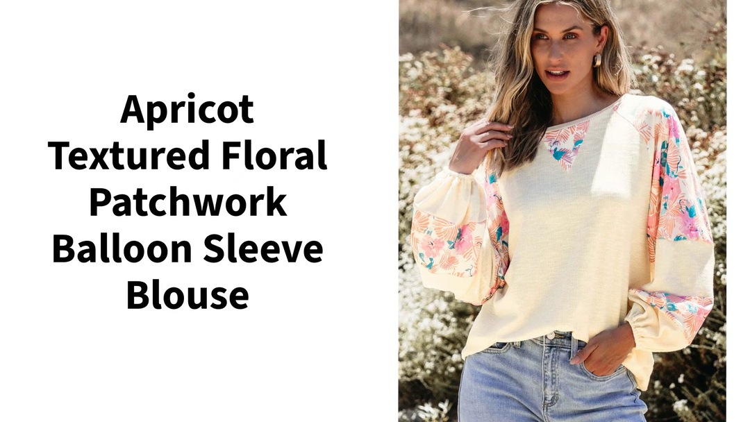 Apricot Textured Floral Patchwork Balloon Sleeve Blouse by@Outfy