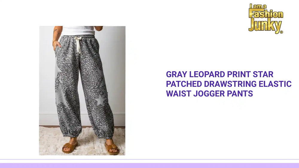 Gray Leopard Print Star Patched Drawstring Elastic Waist Jogger Pants by@Outfy