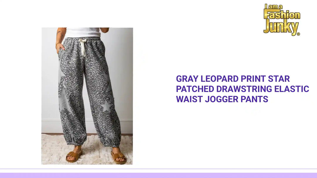 Gray Leopard Print Star Patched Drawstring Elastic Waist Jogger Pants by@Outfy