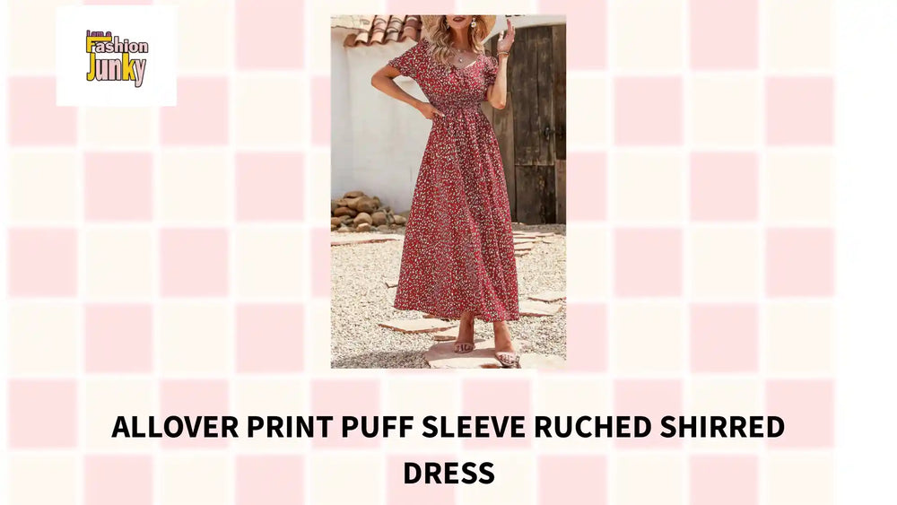 Allover Print Puff Sleeve Ruched Shirred Dress by@Outfy
