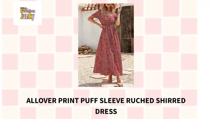 Allover Print Puff Sleeve Ruched Shirred Dress by@Outfy