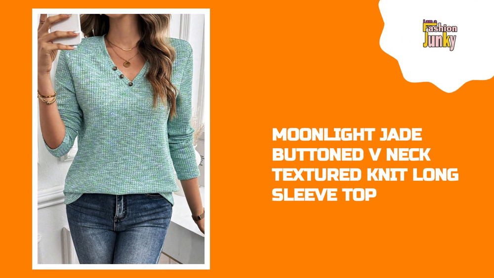 Moonlight Jade Buttoned V Neck Textured Knit Long Sleeve Top by@Outfy