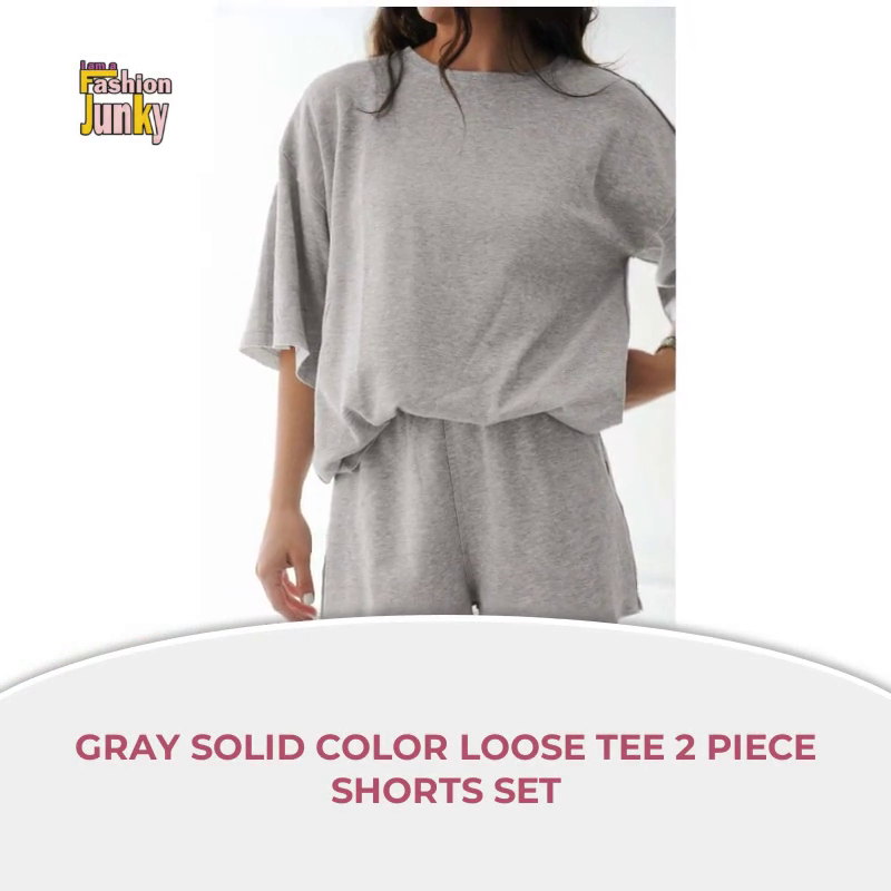 Gray Solid Color Loose Tee 2 Piece Shorts Set by@Outfy