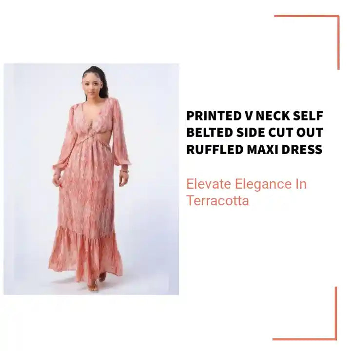 Printed V Neck Self Belted Side Cut Out Ruffled Maxi Dress by@Outfy
