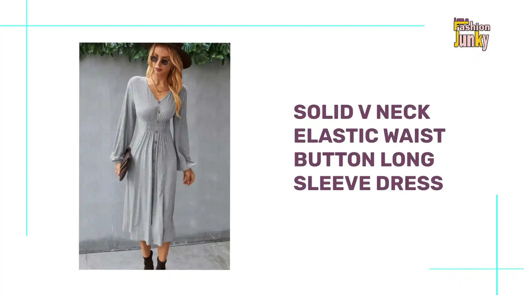Solid V Neck Elastic Waist Button Long Sleeve Dress by@Outfy