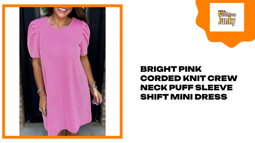 Bright Pink Corded Knit Crew Neck Puff Sleeve Shift Mini Dress by@Outfy