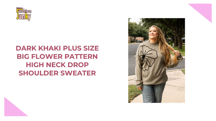 Dark Khaki Plus Size Big Flower Pattern High Neck Drop Shoulder Sweater by@Outfy