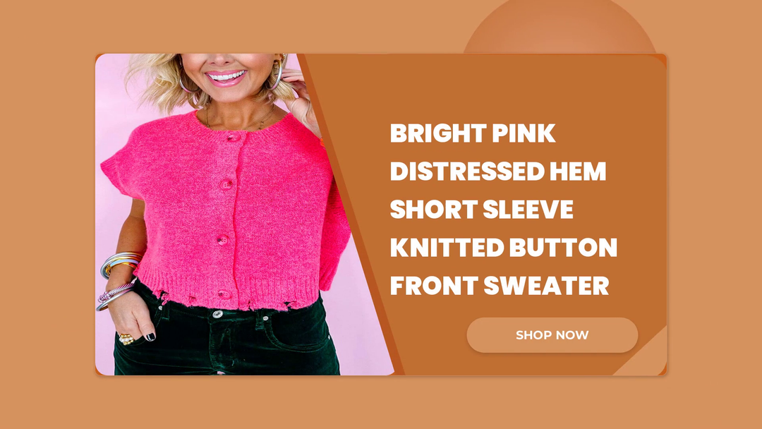 Bright Pink Distressed Hem Short Sleeve Knitted Button Front Sweater by@Outfy