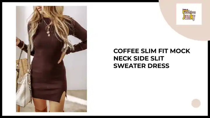 Coffee Slim Fit Mock Neck Side Slit Sweater Dress by@Outfy