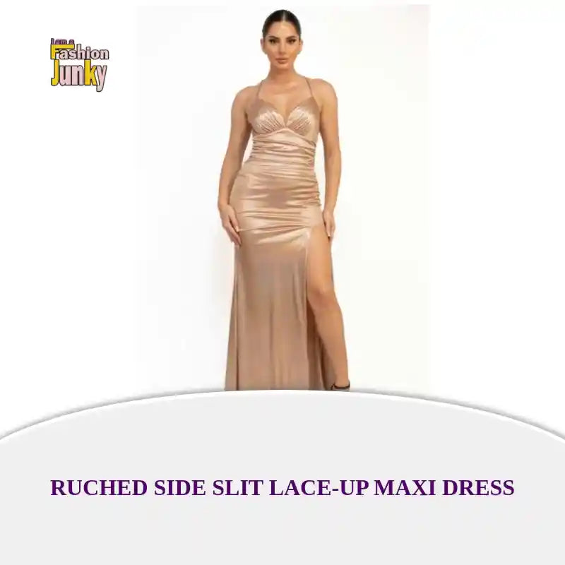 Ruched Side Slit Lace-up Maxi Dress by@Outfy
