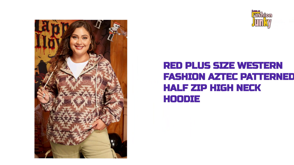 Red Plus Size Western Fashion Aztec Patterned Half Zip High Neck Hoodie by@Outfy