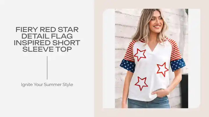 Fiery Red Star Detail Flag Inspired Short Sleeve Top by@Outfy
