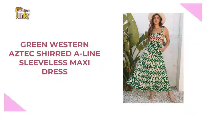 Green Western Aztec Shirred A-line Sleeveless Maxi Dress by@Outfy