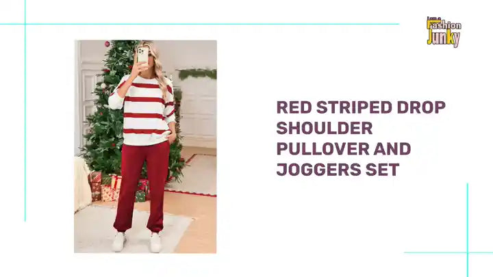 Red Striped Drop Shoulder Pullover and Joggers Set by@Outfy