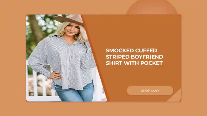 Smocked Cuffed Striped Boyfriend Shirt with Pocket by@Outfy